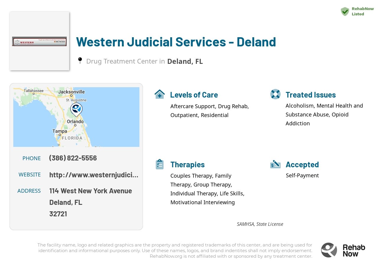 Helpful reference information for Western Judicial Services - Deland, a drug treatment center in Florida located at: 114 West New York Avenue, Deland, FL, 32721, including phone numbers, official website, and more. Listed briefly is an overview of Levels of Care, Therapies Offered, Issues Treated, and accepted forms of Payment Methods.