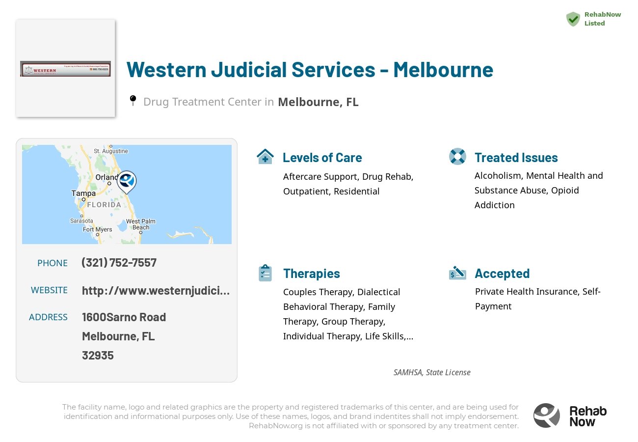 Helpful reference information for Western Judicial Services - Melbourne, a drug treatment center in Florida located at: 1600Sarno Road, Melbourne, FL, 32935, including phone numbers, official website, and more. Listed briefly is an overview of Levels of Care, Therapies Offered, Issues Treated, and accepted forms of Payment Methods.