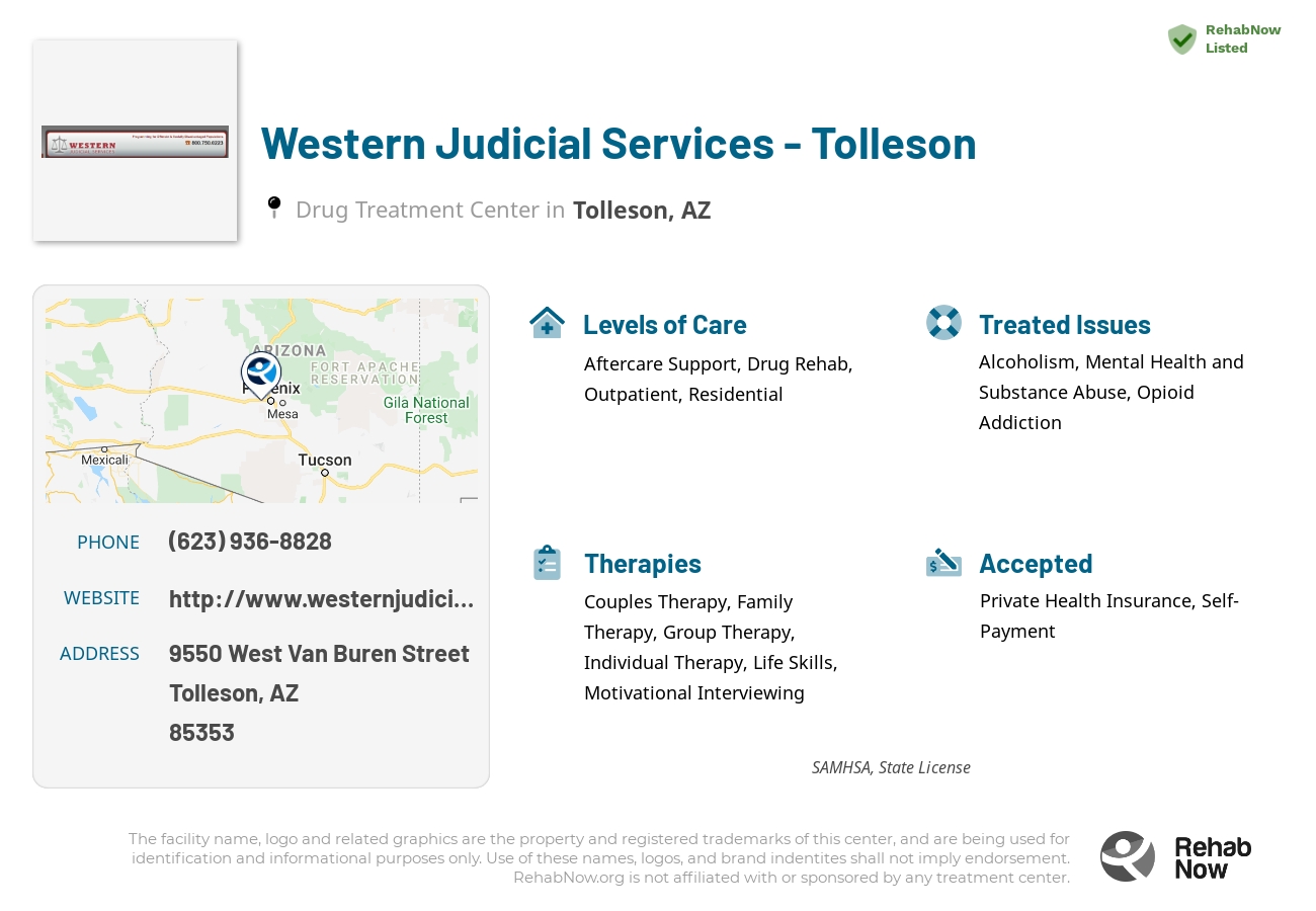 Helpful reference information for Western Judicial Services - Tolleson, a drug treatment center in Arizona located at: 9550 9550 West Van Buren Street, Tolleson, AZ 85353, including phone numbers, official website, and more. Listed briefly is an overview of Levels of Care, Therapies Offered, Issues Treated, and accepted forms of Payment Methods.