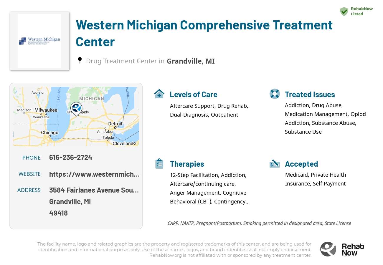 Helpful reference information for Western Michigan Comprehensive Treatment Center, a drug treatment center in Michigan located at: 3584 Fairlanes Avenue Southwest, Grandville, MI 49418, including phone numbers, official website, and more. Listed briefly is an overview of Levels of Care, Therapies Offered, Issues Treated, and accepted forms of Payment Methods.