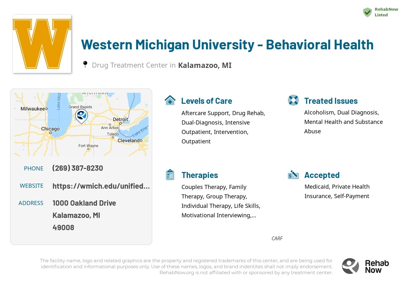 Helpful reference information for Western Michigan University - Behavioral Health, a drug treatment center in Michigan located at: 1000 Oakland Drive, Kalamazoo, MI, 49008, including phone numbers, official website, and more. Listed briefly is an overview of Levels of Care, Therapies Offered, Issues Treated, and accepted forms of Payment Methods.