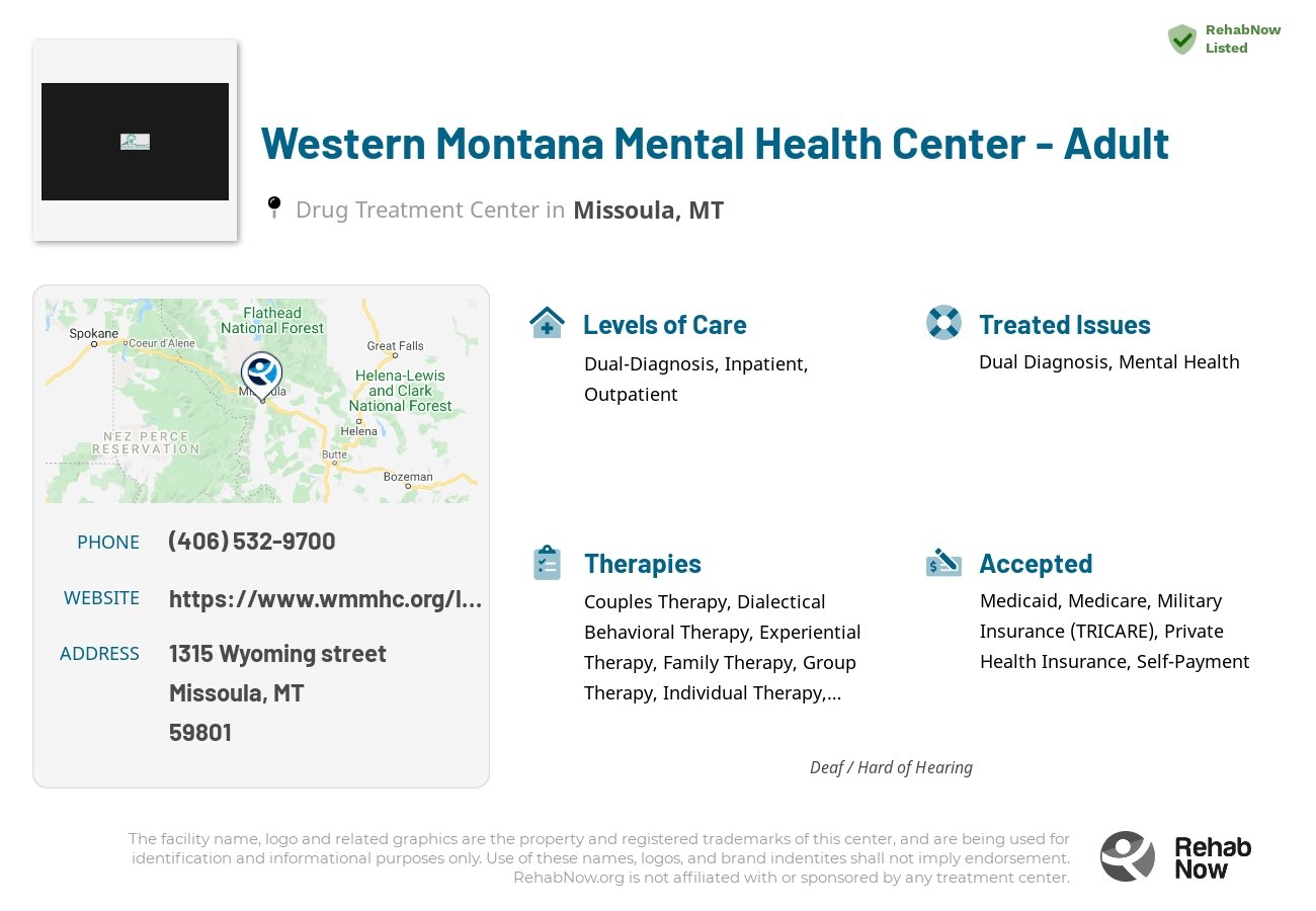 Helpful reference information for Western Montana Mental Health Center - Adult, a drug treatment center in Montana located at: 1315 1315 Wyoming street, Missoula, MT 59801, including phone numbers, official website, and more. Listed briefly is an overview of Levels of Care, Therapies Offered, Issues Treated, and accepted forms of Payment Methods.