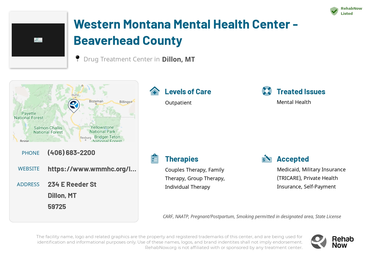 Helpful reference information for Western Montana Mental Health Center - Beaverhead County, a drug treatment center in Montana located at: 234 E Reeder St, Dillon, MT 59725, including phone numbers, official website, and more. Listed briefly is an overview of Levels of Care, Therapies Offered, Issues Treated, and accepted forms of Payment Methods.