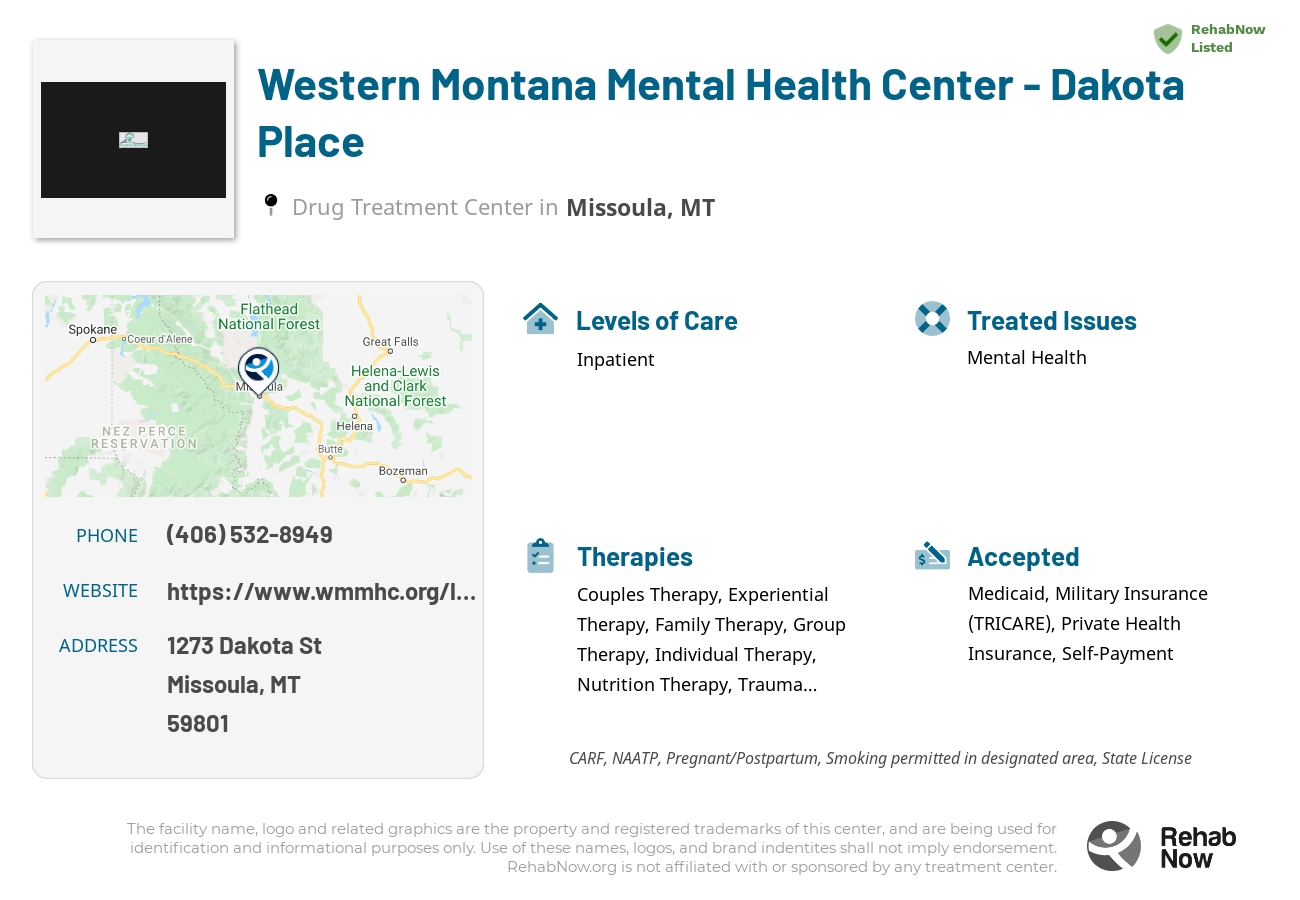 Helpful reference information for Western Montana Mental Health Center - Dakota Place, a drug treatment center in Montana located at: 1273 Dakota St, Missoula, MT 59801, including phone numbers, official website, and more. Listed briefly is an overview of Levels of Care, Therapies Offered, Issues Treated, and accepted forms of Payment Methods.