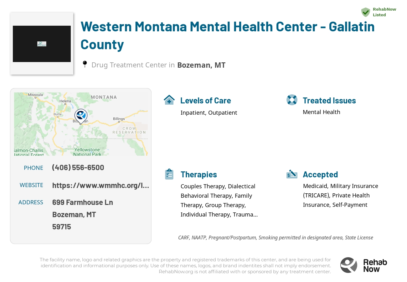Helpful reference information for Western Montana Mental Health Center - Gallatin County, a drug treatment center in Montana located at: 699 Farmhouse Ln, Bozeman, MT 59715, including phone numbers, official website, and more. Listed briefly is an overview of Levels of Care, Therapies Offered, Issues Treated, and accepted forms of Payment Methods.