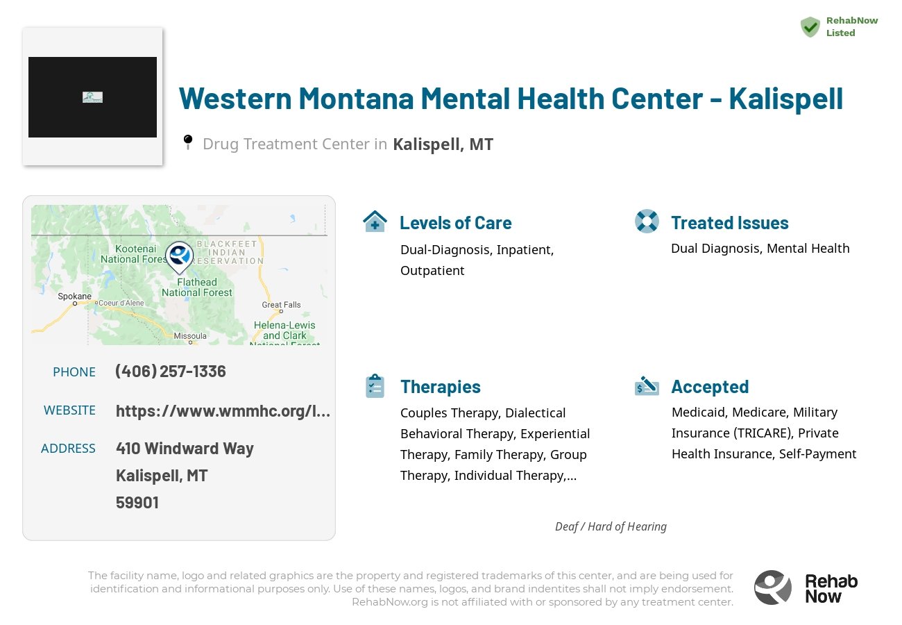 Helpful reference information for Western Montana Mental Health Center - Kalispell, a drug treatment center in Montana located at: 410 410 Windward Way, Kalispell, MT 59901, including phone numbers, official website, and more. Listed briefly is an overview of Levels of Care, Therapies Offered, Issues Treated, and accepted forms of Payment Methods.