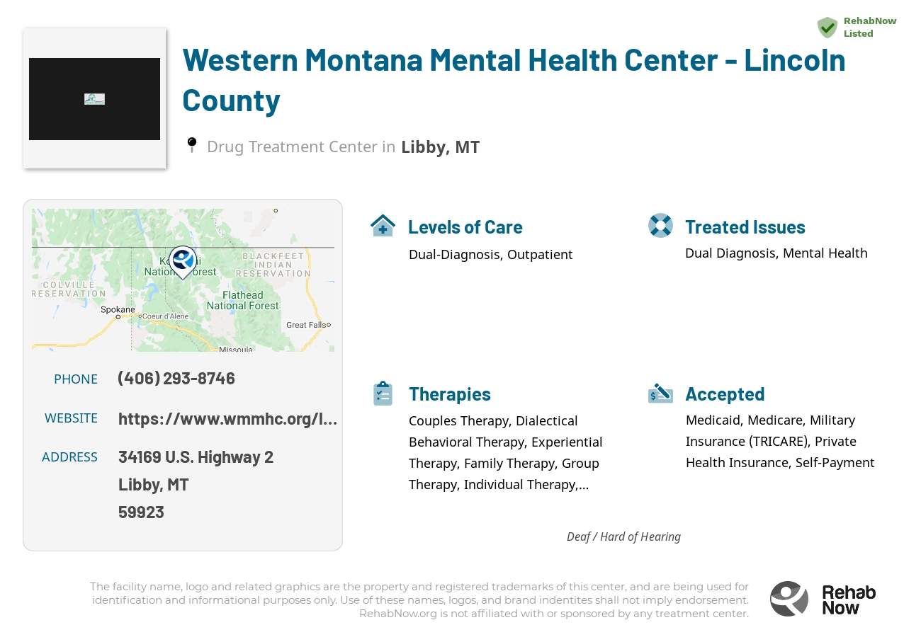 Helpful reference information for Western Montana Mental Health Center - Lincoln County, a drug treatment center in Montana located at: 34169 34169 U.S. Highway 2, Libby, MT 59923, including phone numbers, official website, and more. Listed briefly is an overview of Levels of Care, Therapies Offered, Issues Treated, and accepted forms of Payment Methods.