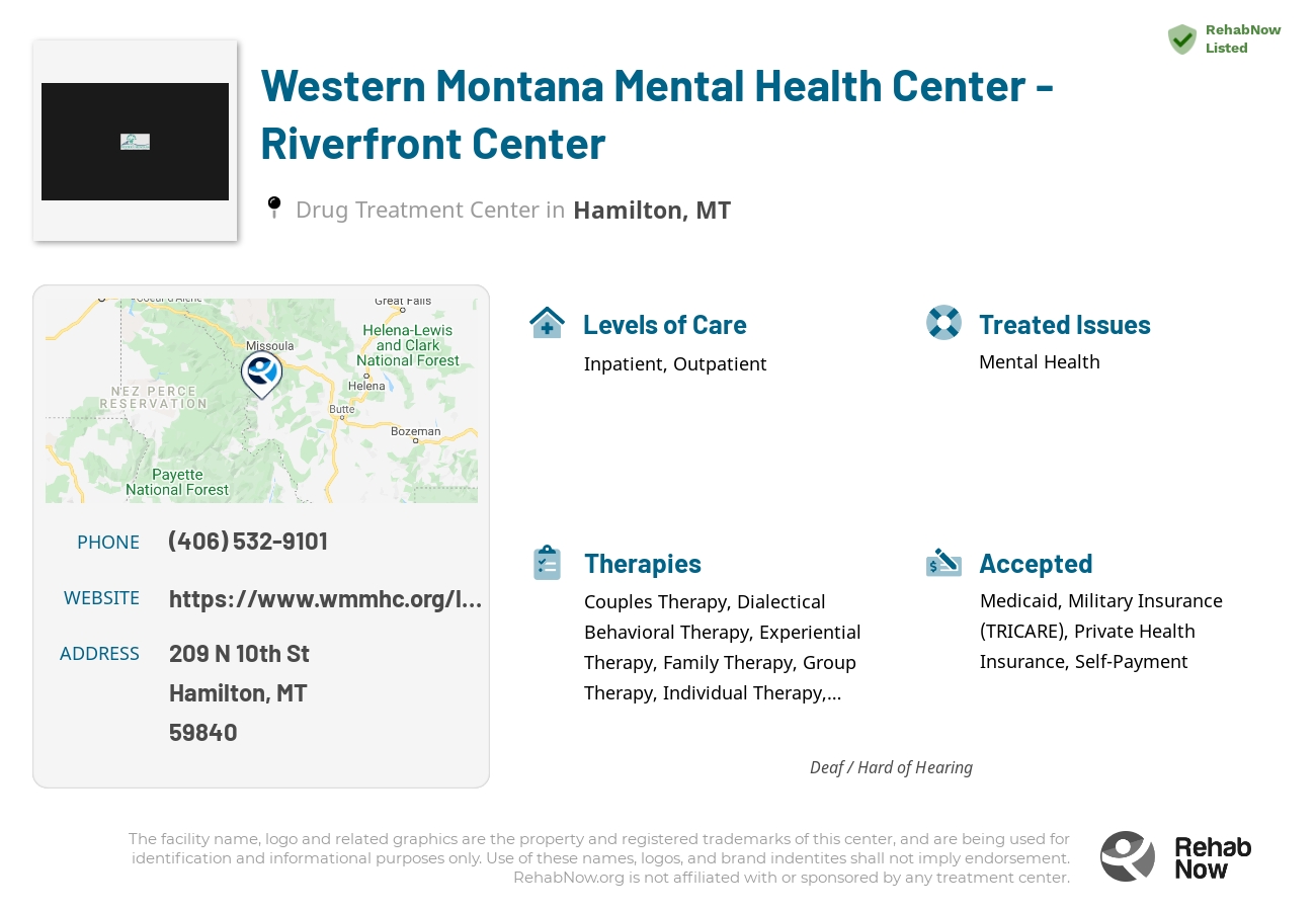 Helpful reference information for Western Montana Mental Health Center - Riverfront Center, a drug treatment center in Montana located at: 209 N 10th St, Hamilton, MT 59840, including phone numbers, official website, and more. Listed briefly is an overview of Levels of Care, Therapies Offered, Issues Treated, and accepted forms of Payment Methods.