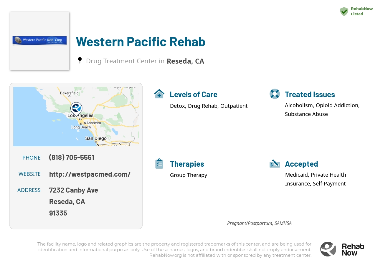 Helpful reference information for Western Pacific Rehab, a drug treatment center in California located at: 7232 Canby Ave, Reseda, CA 91335, including phone numbers, official website, and more. Listed briefly is an overview of Levels of Care, Therapies Offered, Issues Treated, and accepted forms of Payment Methods.
