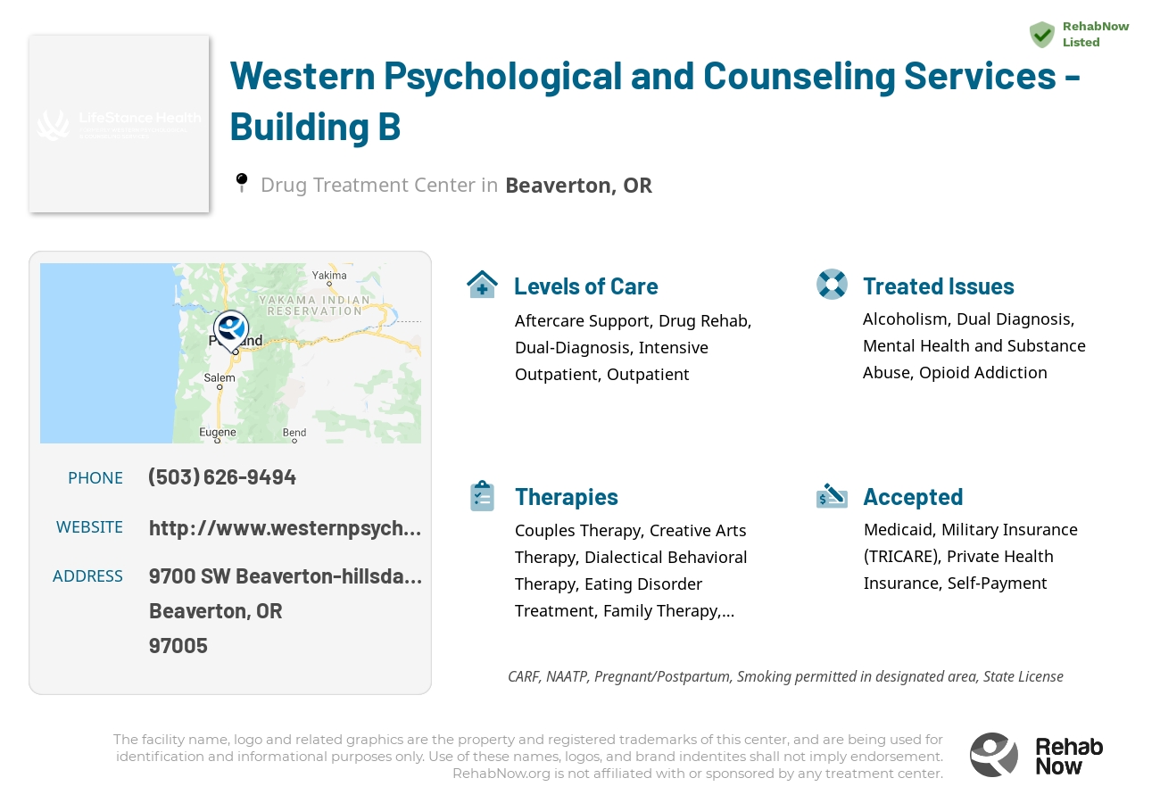 Helpful reference information for Western Psychological and Counseling Services - Building B, a drug treatment center in Oregon located at: 9700 SW Beaverton-hillsdale Hwy, Beaverton, OR 97005, including phone numbers, official website, and more. Listed briefly is an overview of Levels of Care, Therapies Offered, Issues Treated, and accepted forms of Payment Methods.