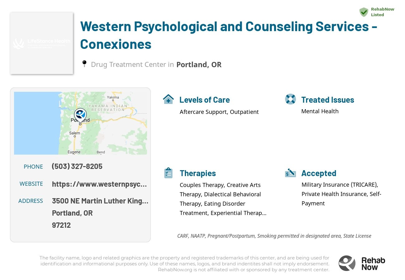 Helpful reference information for Western Psychological and Counseling Services - Conexiones, a drug treatment center in Oregon located at: 3500 NE Martin Luther King Jr Blvd, Portland, OR 97212, including phone numbers, official website, and more. Listed briefly is an overview of Levels of Care, Therapies Offered, Issues Treated, and accepted forms of Payment Methods.