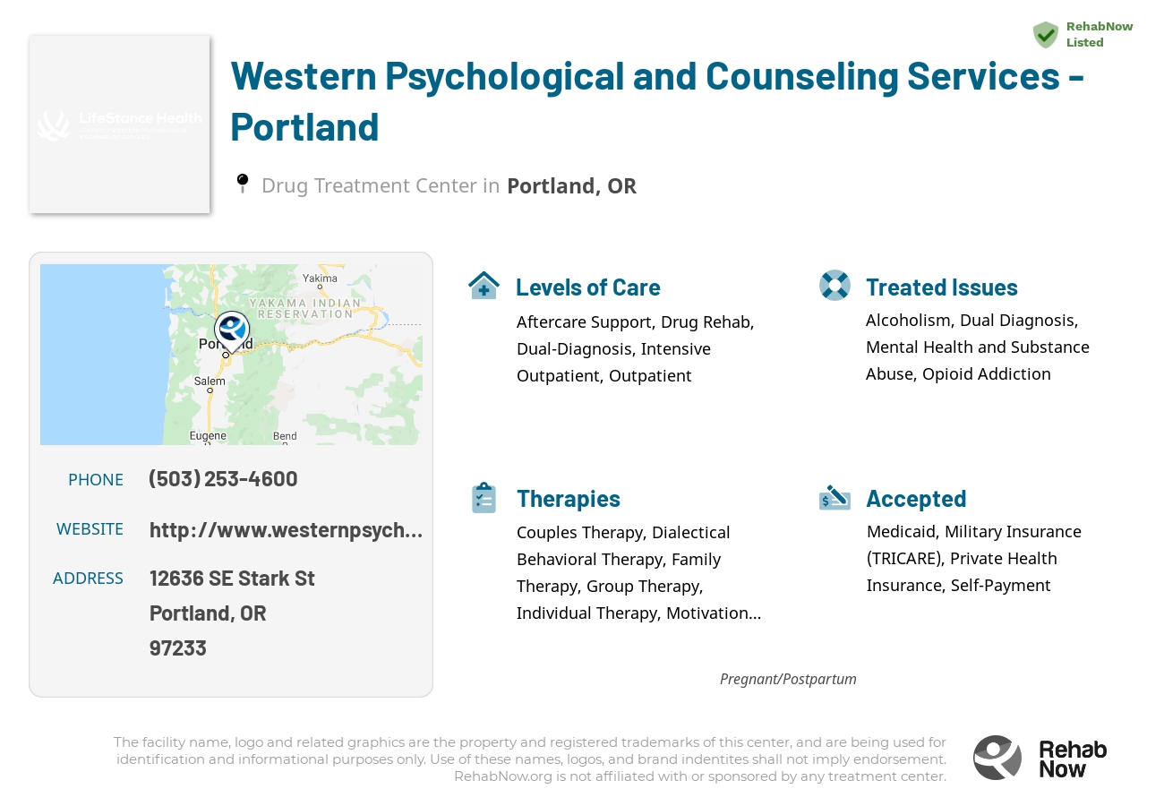 Helpful reference information for Western Psychological and Counseling Services - Portland, a drug treatment center in Oregon located at: 12636 SE Stark St, Portland, OR 97233, including phone numbers, official website, and more. Listed briefly is an overview of Levels of Care, Therapies Offered, Issues Treated, and accepted forms of Payment Methods.