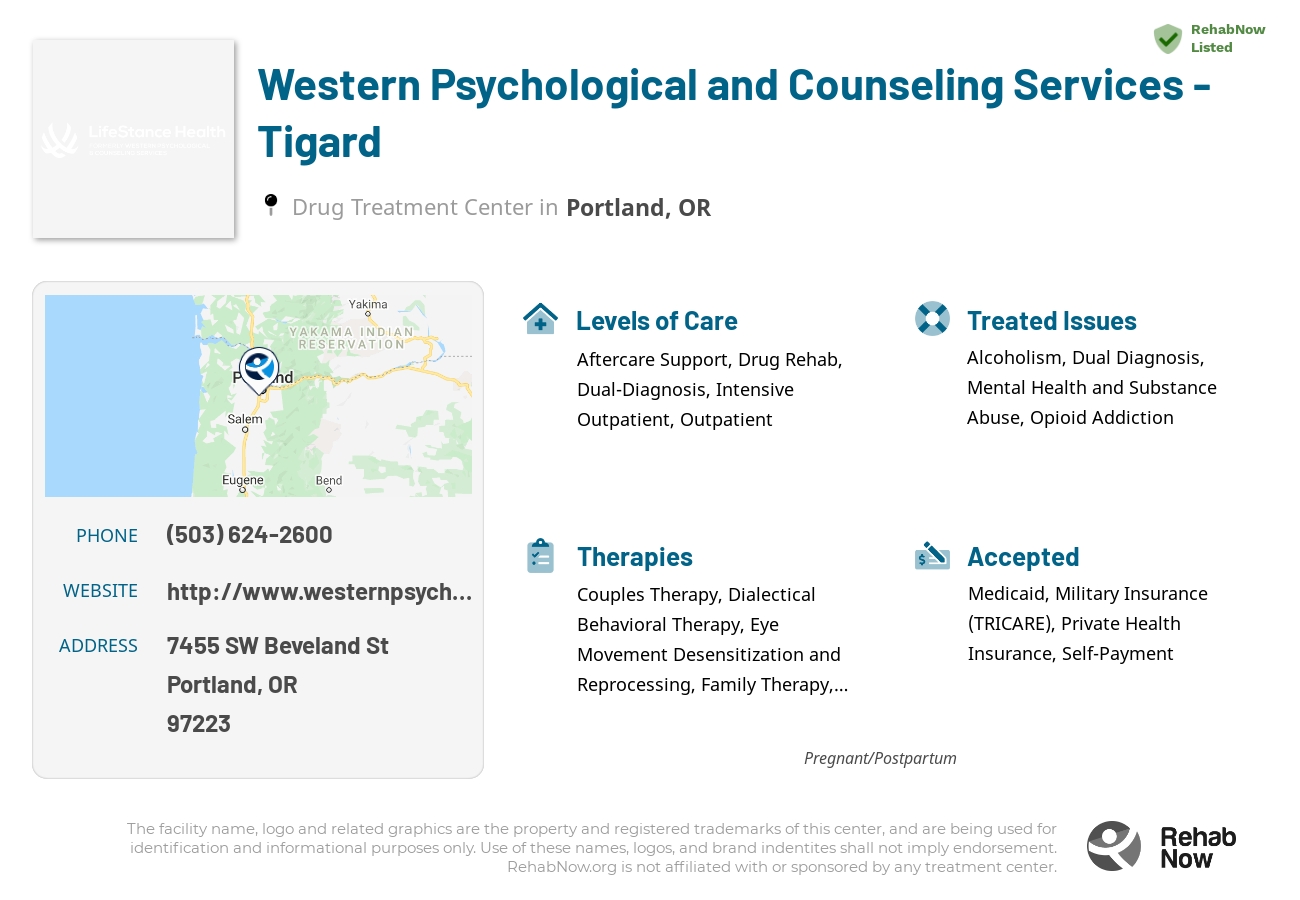 Helpful reference information for Western Psychological and Counseling Services - Tigard, a drug treatment center in Oregon located at: 7455 SW Beveland St, Portland, OR 97223, including phone numbers, official website, and more. Listed briefly is an overview of Levels of Care, Therapies Offered, Issues Treated, and accepted forms of Payment Methods.