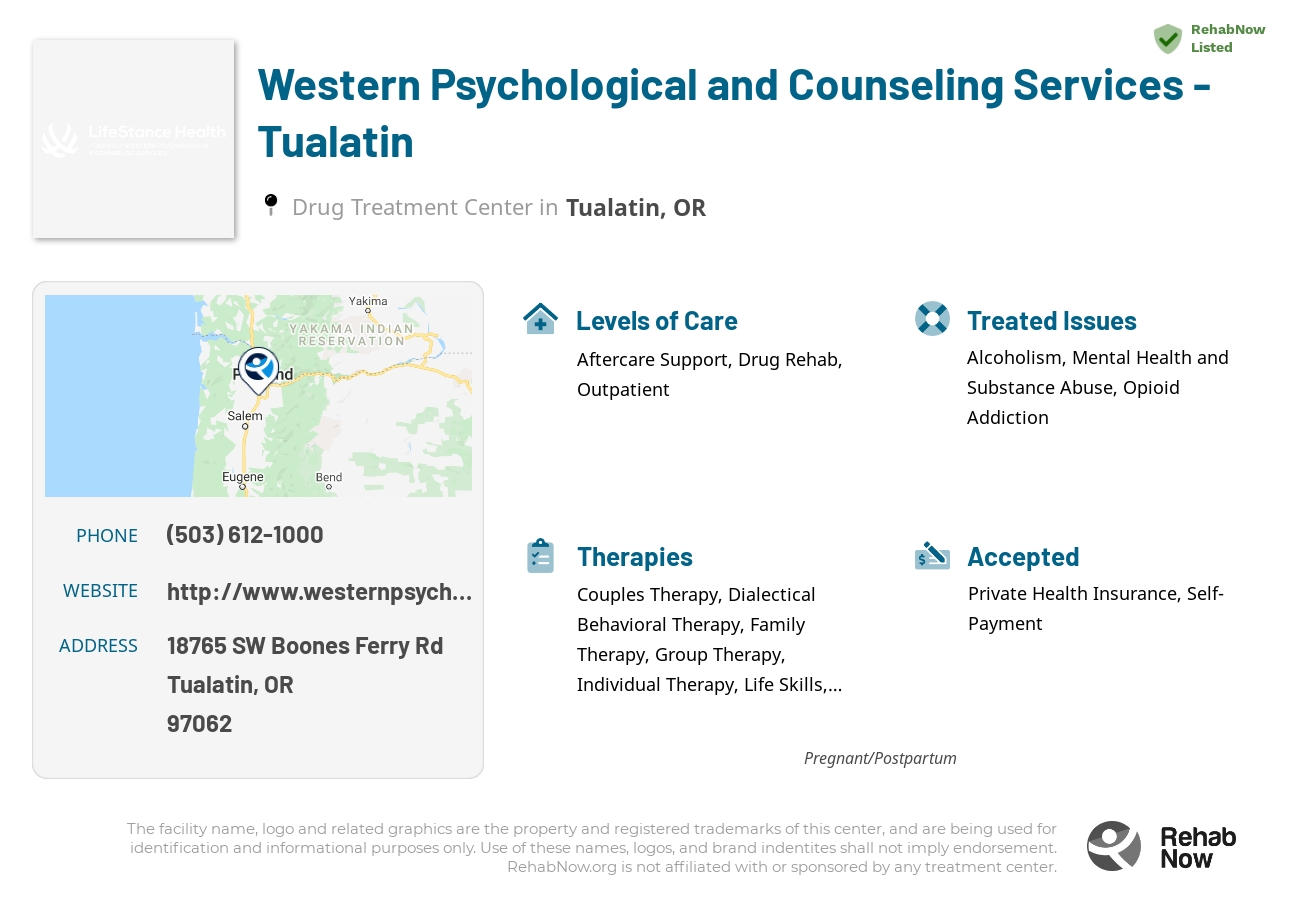 Helpful reference information for Western Psychological and Counseling Services - Tualatin, a drug treatment center in Oregon located at: 18765 SW Boones Ferry Rd, Tualatin, OR 97062, including phone numbers, official website, and more. Listed briefly is an overview of Levels of Care, Therapies Offered, Issues Treated, and accepted forms of Payment Methods.