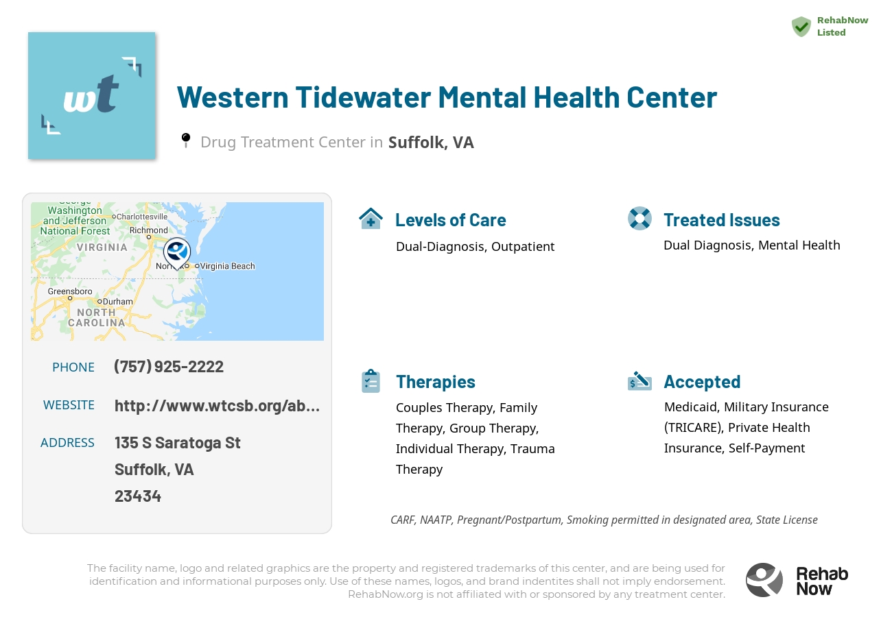 Helpful reference information for Western Tidewater Mental Health Center, a drug treatment center in Virginia located at: 135 S Saratoga St, Suffolk, VA 23434, including phone numbers, official website, and more. Listed briefly is an overview of Levels of Care, Therapies Offered, Issues Treated, and accepted forms of Payment Methods.
