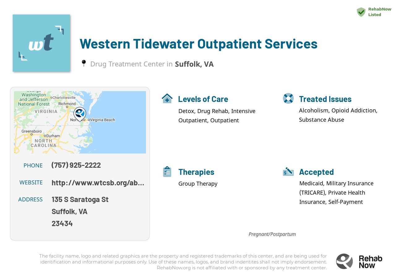 Helpful reference information for Western Tidewater Outpatient Services, a drug treatment center in Virginia located at: 135 S Saratoga St, Suffolk, VA 23434, including phone numbers, official website, and more. Listed briefly is an overview of Levels of Care, Therapies Offered, Issues Treated, and accepted forms of Payment Methods.