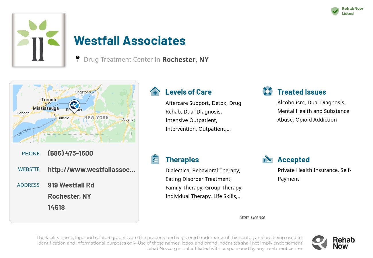 Helpful reference information for Westfall Associates, a drug treatment center in New York located at: 919 Westfall Rd, Rochester, NY 14618, including phone numbers, official website, and more. Listed briefly is an overview of Levels of Care, Therapies Offered, Issues Treated, and accepted forms of Payment Methods.
