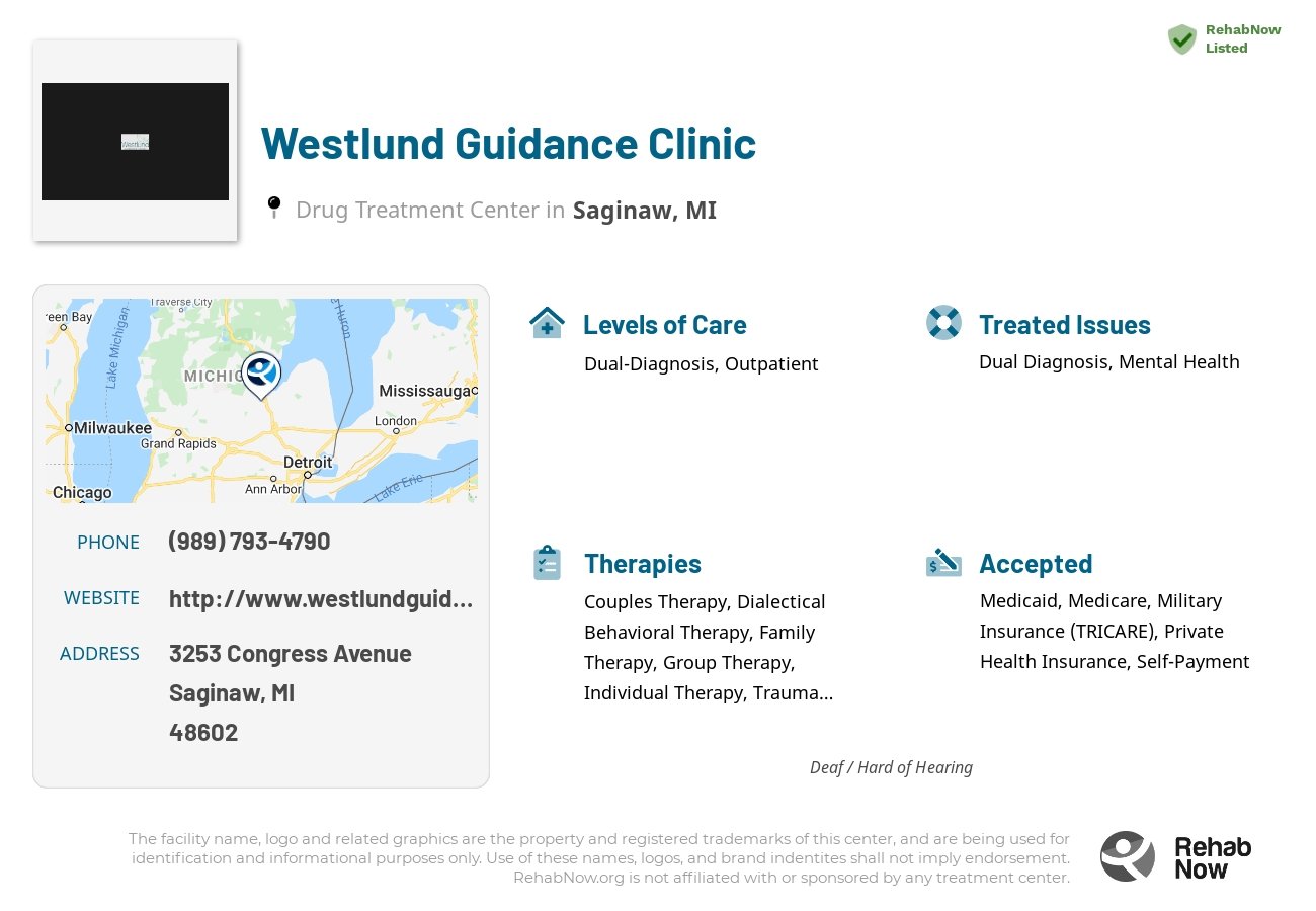 Helpful reference information for Westlund Guidance Clinic, a drug treatment center in Michigan located at: 3253 3253 Congress Avenue, Saginaw, MI 48602, including phone numbers, official website, and more. Listed briefly is an overview of Levels of Care, Therapies Offered, Issues Treated, and accepted forms of Payment Methods.