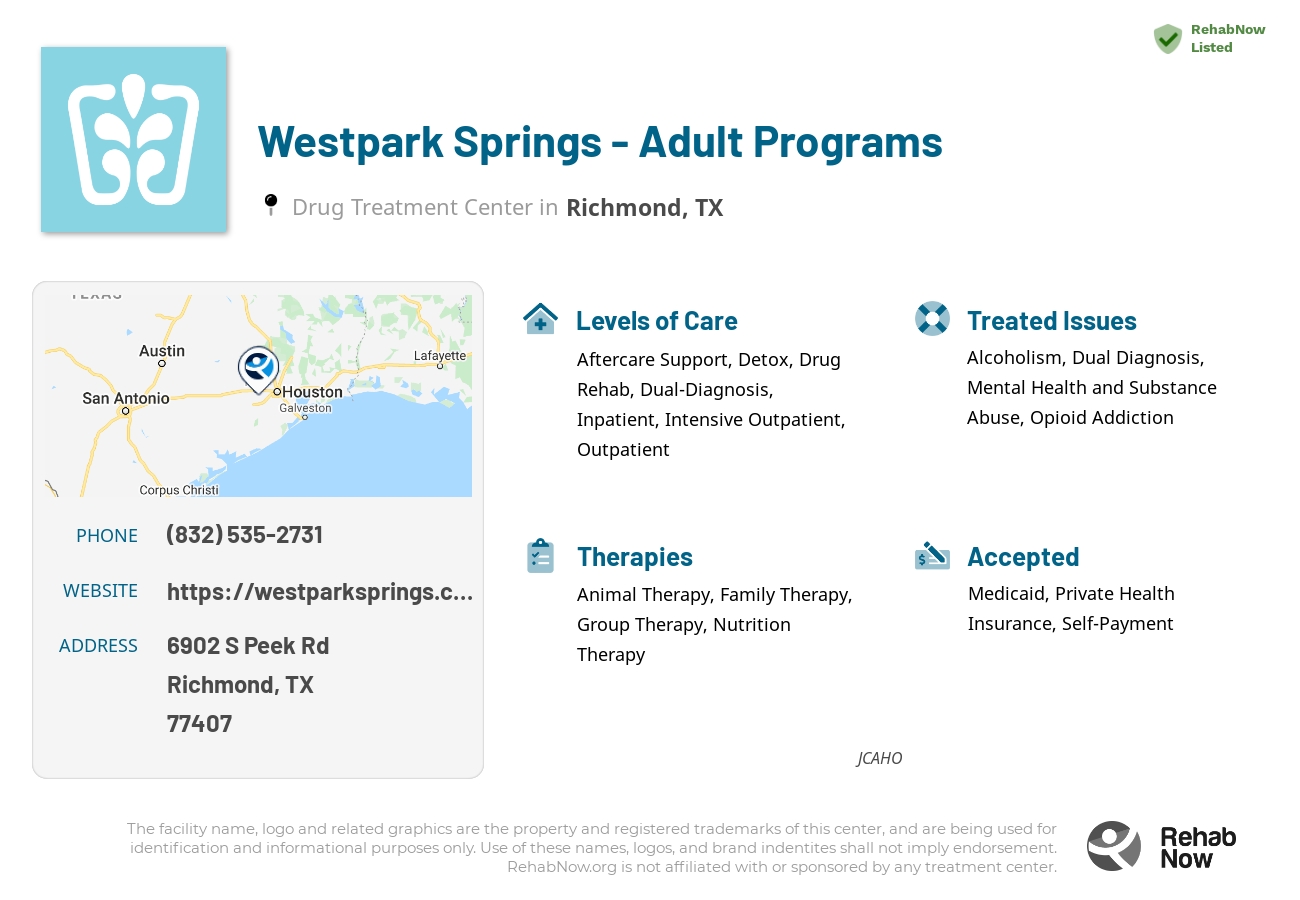 Helpful reference information for Westpark Springs - Adult Programs, a drug treatment center in Texas located at: 6902 S Peek Rd, Richmond, TX 77407, including phone numbers, official website, and more. Listed briefly is an overview of Levels of Care, Therapies Offered, Issues Treated, and accepted forms of Payment Methods.
