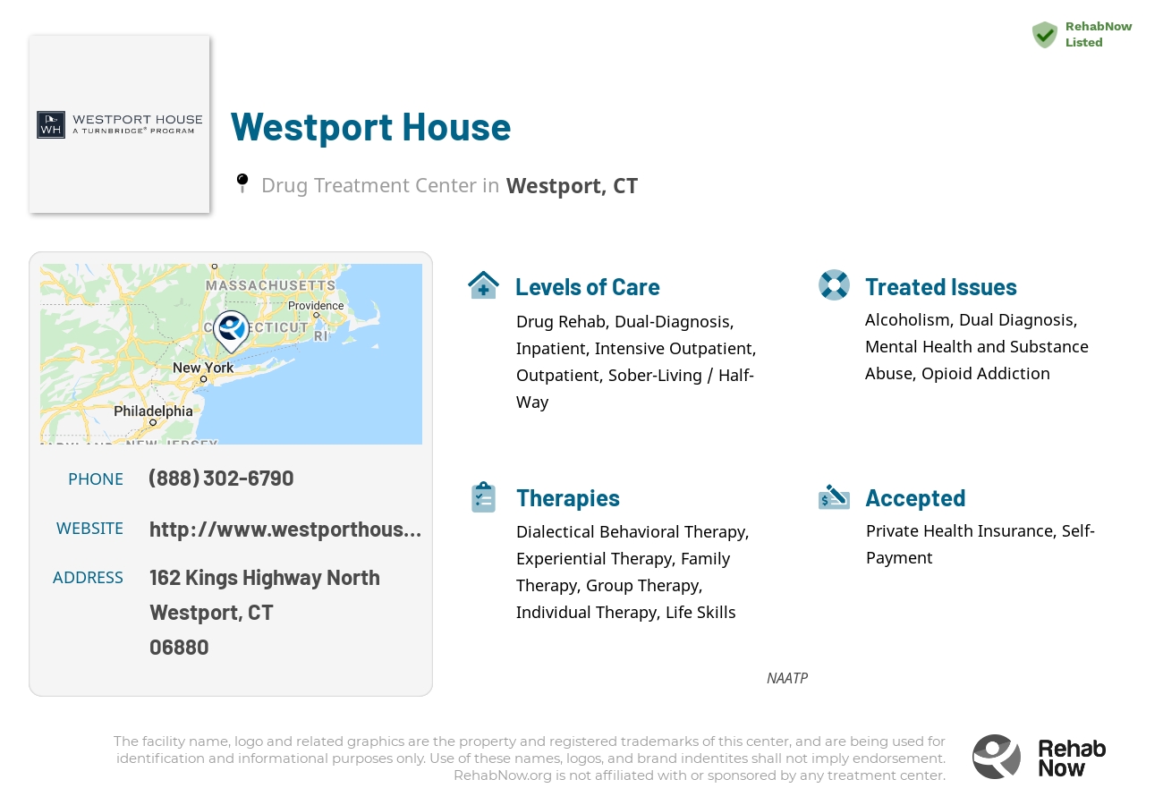 Helpful reference information for Westport House, a drug treatment center in Connecticut located at: 162 Kings Highway North, Westport, CT, 06880, including phone numbers, official website, and more. Listed briefly is an overview of Levels of Care, Therapies Offered, Issues Treated, and accepted forms of Payment Methods.