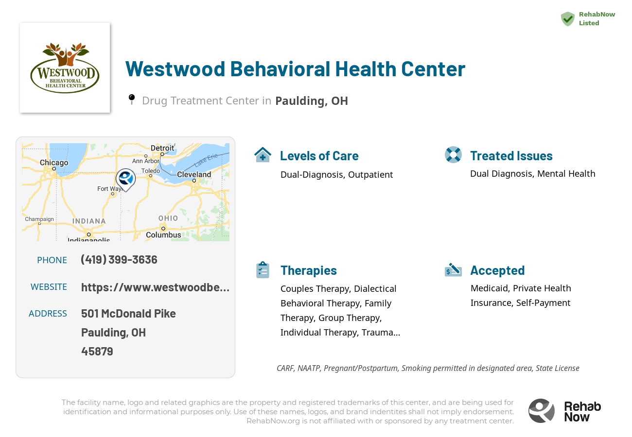 Helpful reference information for Westwood Behavioral Health Center, a drug treatment center in Ohio located at: 501 McDonald Pike, Paulding, OH 45879, including phone numbers, official website, and more. Listed briefly is an overview of Levels of Care, Therapies Offered, Issues Treated, and accepted forms of Payment Methods.