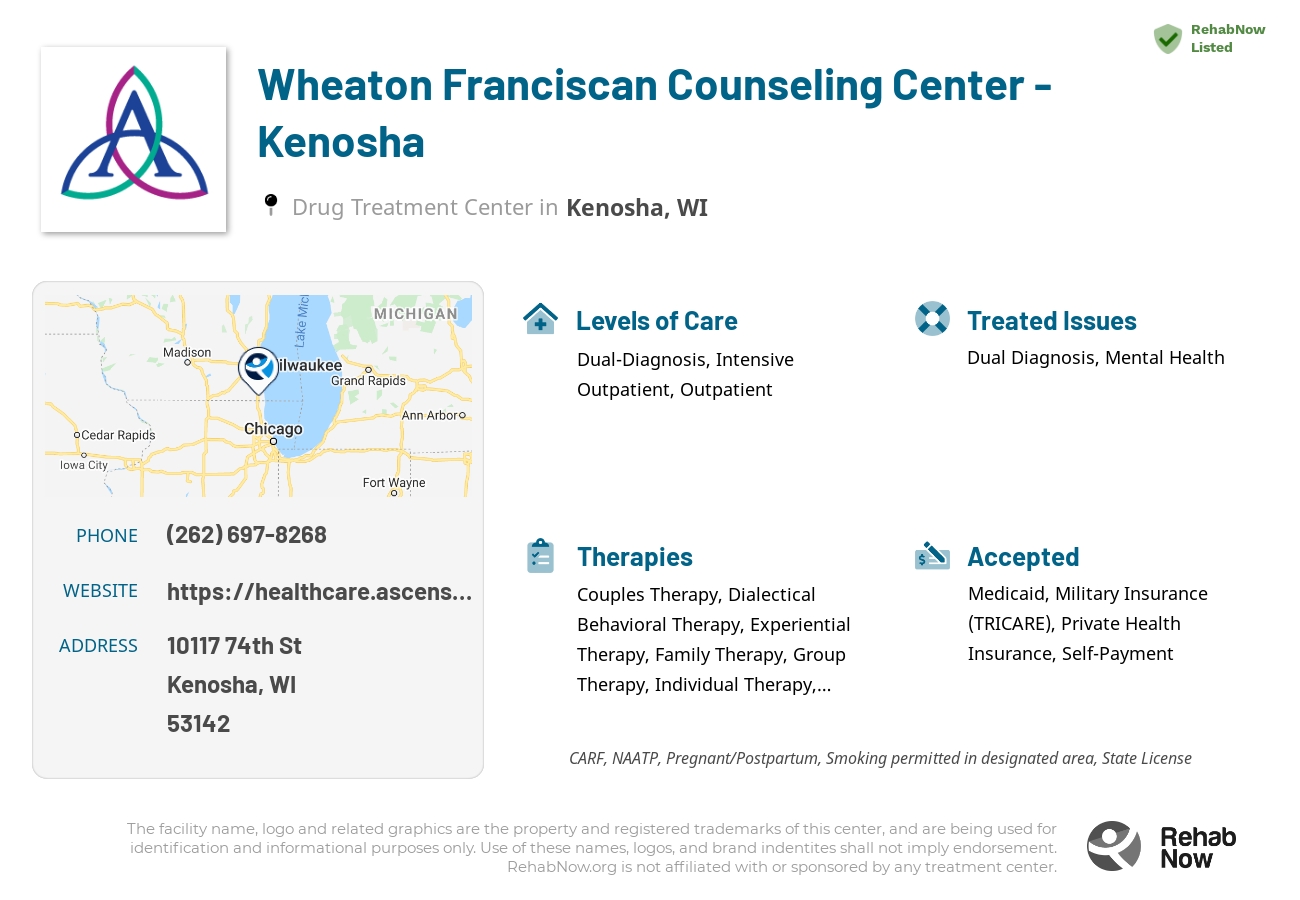 Helpful reference information for Wheaton Franciscan Counseling Center - Kenosha, a drug treatment center in Wisconsin located at: 10117 74th St, Kenosha, WI 53142, including phone numbers, official website, and more. Listed briefly is an overview of Levels of Care, Therapies Offered, Issues Treated, and accepted forms of Payment Methods.