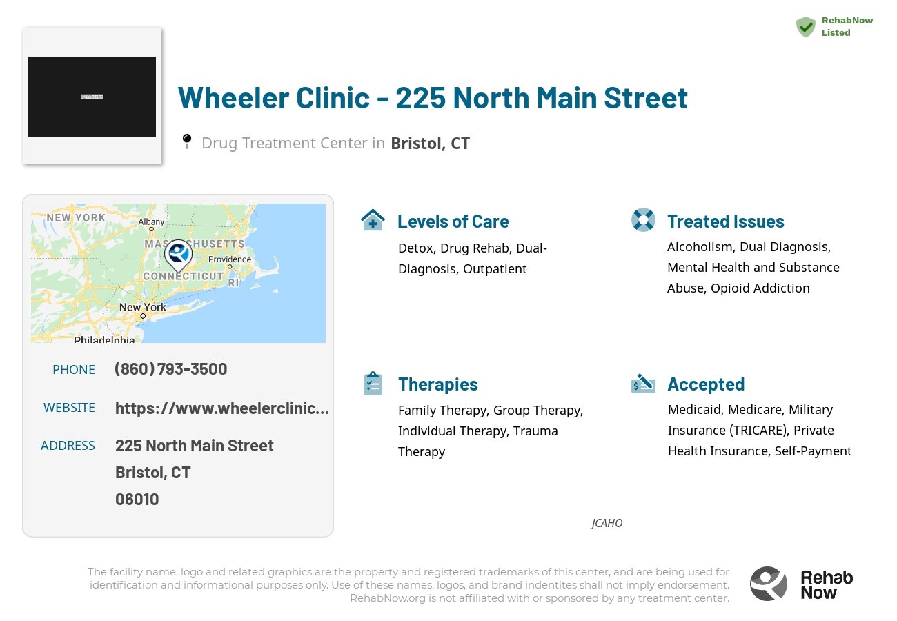 Helpful reference information for Wheeler Clinic - 225 North Main Street, a drug treatment center in Connecticut located at: 225 North Main Street, Bristol, CT, 06010, including phone numbers, official website, and more. Listed briefly is an overview of Levels of Care, Therapies Offered, Issues Treated, and accepted forms of Payment Methods.