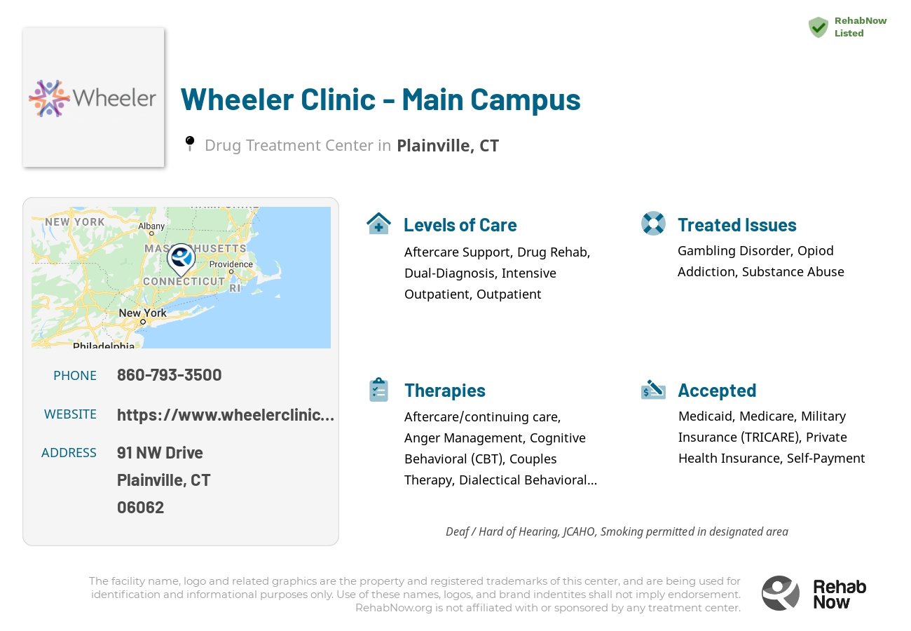 Helpful reference information for Wheeler Clinic - Main Campus, a drug treatment center in Connecticut located at: 91 NW Drive, Plainville, CT 06062, including phone numbers, official website, and more. Listed briefly is an overview of Levels of Care, Therapies Offered, Issues Treated, and accepted forms of Payment Methods.