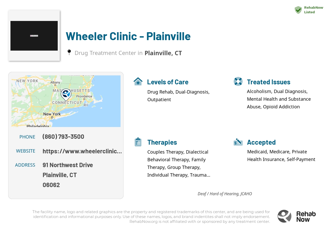 Helpful reference information for Wheeler Clinic - Plainville, a drug treatment center in Connecticut located at: 91 Northwest Drive, Plainville, CT, 06062, including phone numbers, official website, and more. Listed briefly is an overview of Levels of Care, Therapies Offered, Issues Treated, and accepted forms of Payment Methods.