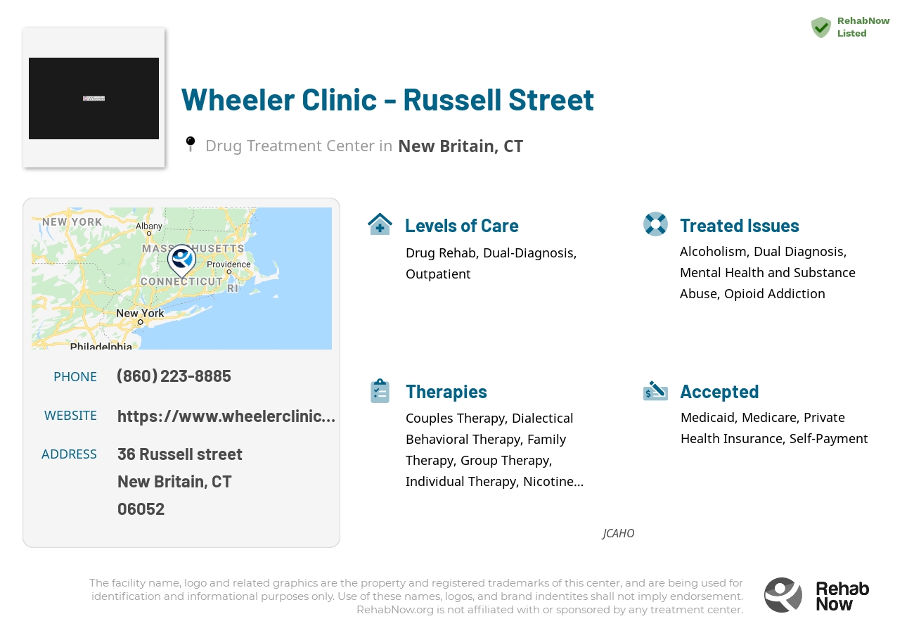 Helpful reference information for Wheeler Clinic - Russell Street, a drug treatment center in Connecticut located at: 36 Russell street, New Britain, CT, 06052, including phone numbers, official website, and more. Listed briefly is an overview of Levels of Care, Therapies Offered, Issues Treated, and accepted forms of Payment Methods.