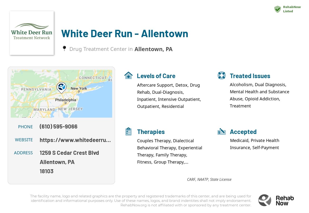 Helpful reference information for White Deer Run - Allentown, a drug treatment center in Pennsylvania located at: 1259 S Cedar Crest Blvd, Allentown, PA 18103, including phone numbers, official website, and more. Listed briefly is an overview of Levels of Care, Therapies Offered, Issues Treated, and accepted forms of Payment Methods.
