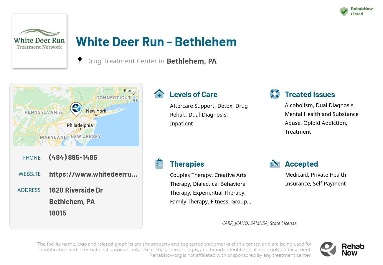 Helpful reference information for White Deer Run - Bethlehem, a drug treatment center in Pennsylvania located at: 1620 Riverside Dr, Bethlehem, PA 18015, including phone numbers, official website, and more. Listed briefly is an overview of Levels of Care, Therapies Offered, Issues Treated, and accepted forms of Payment Methods.
