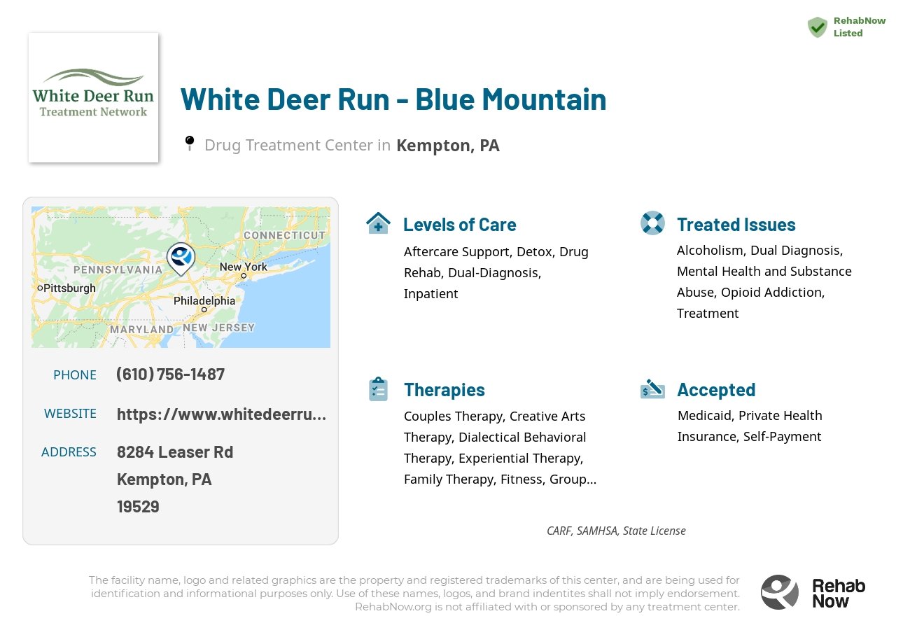 Helpful reference information for White Deer Run - Blue Mountain, a drug treatment center in Pennsylvania located at: 8284 Leaser Rd, Kempton, PA 19529, including phone numbers, official website, and more. Listed briefly is an overview of Levels of Care, Therapies Offered, Issues Treated, and accepted forms of Payment Methods.