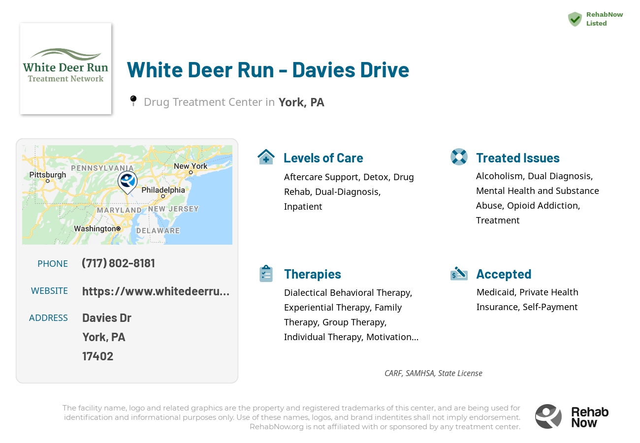 Helpful reference information for White Deer Run - Davies Drive, a drug treatment center in Pennsylvania located at: Davies Dr, York, PA 17402, including phone numbers, official website, and more. Listed briefly is an overview of Levels of Care, Therapies Offered, Issues Treated, and accepted forms of Payment Methods.