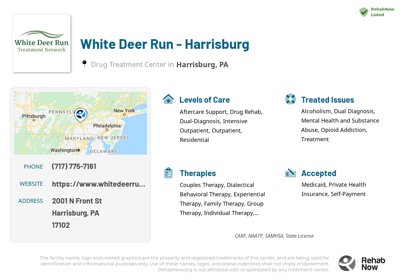 Helpful reference information for White Deer Run - Harrisburg, a drug treatment center in Pennsylvania located at: 2001 N Front St, Harrisburg, PA 17102, including phone numbers, official website, and more. Listed briefly is an overview of Levels of Care, Therapies Offered, Issues Treated, and accepted forms of Payment Methods.