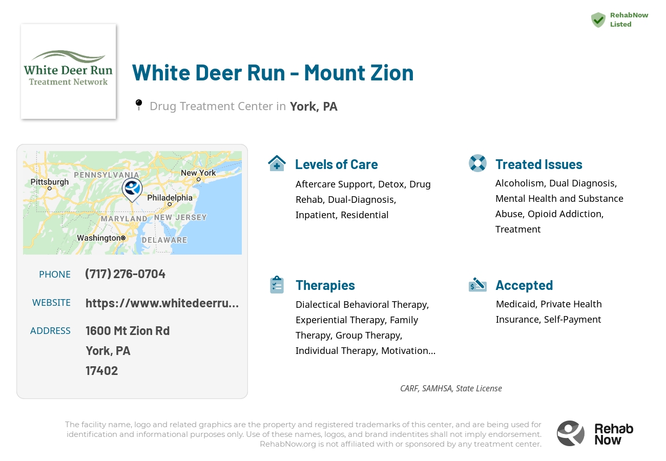 Helpful reference information for White Deer Run - Mount Zion, a drug treatment center in Pennsylvania located at: 1600 Mt Zion Rd, York, PA 17402, including phone numbers, official website, and more. Listed briefly is an overview of Levels of Care, Therapies Offered, Issues Treated, and accepted forms of Payment Methods.