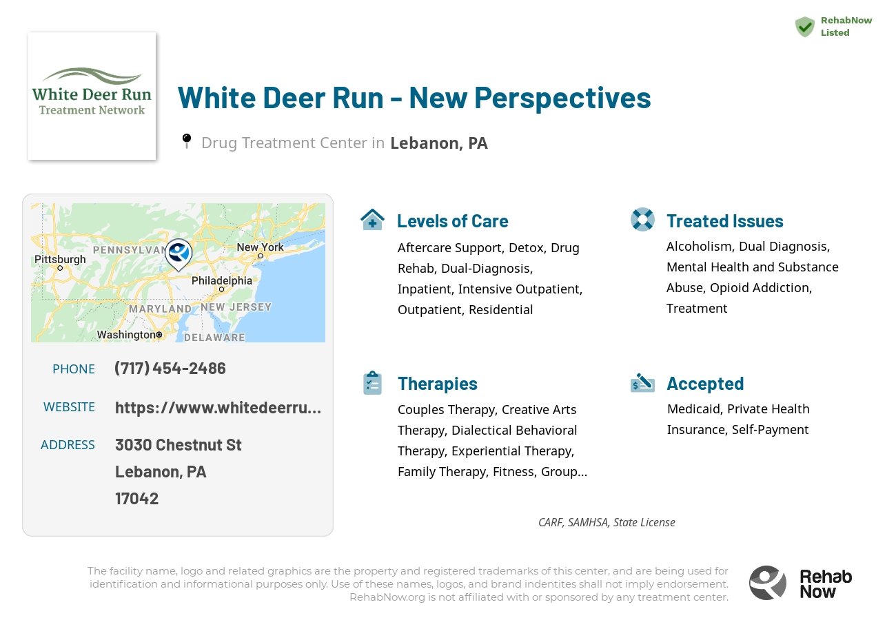 Helpful reference information for White Deer Run - New Perspectives, a drug treatment center in Pennsylvania located at: 3030 Chestnut St, Lebanon, PA 17042, including phone numbers, official website, and more. Listed briefly is an overview of Levels of Care, Therapies Offered, Issues Treated, and accepted forms of Payment Methods.