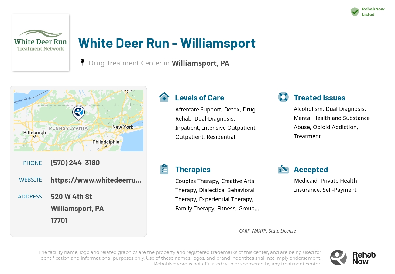 Helpful reference information for White Deer Run - Williamsport, a drug treatment center in Pennsylvania located at: 520 W 4th St, Williamsport, PA 17701, including phone numbers, official website, and more. Listed briefly is an overview of Levels of Care, Therapies Offered, Issues Treated, and accepted forms of Payment Methods.
