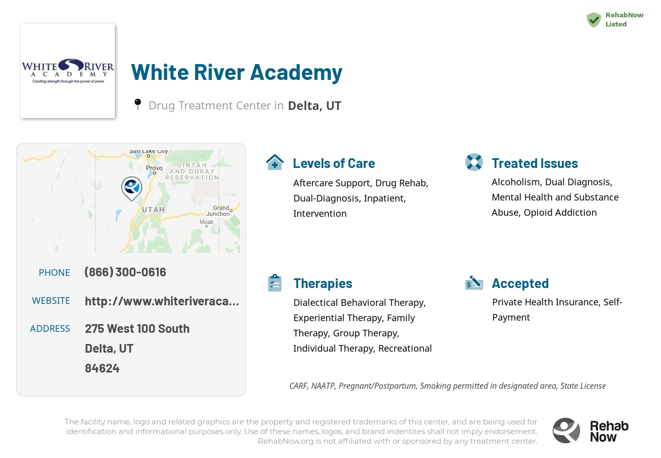Helpful reference information for White River Academy, a drug treatment center in Utah located at: 275 275 West 100 South, Delta, UT 84624, including phone numbers, official website, and more. Listed briefly is an overview of Levels of Care, Therapies Offered, Issues Treated, and accepted forms of Payment Methods.