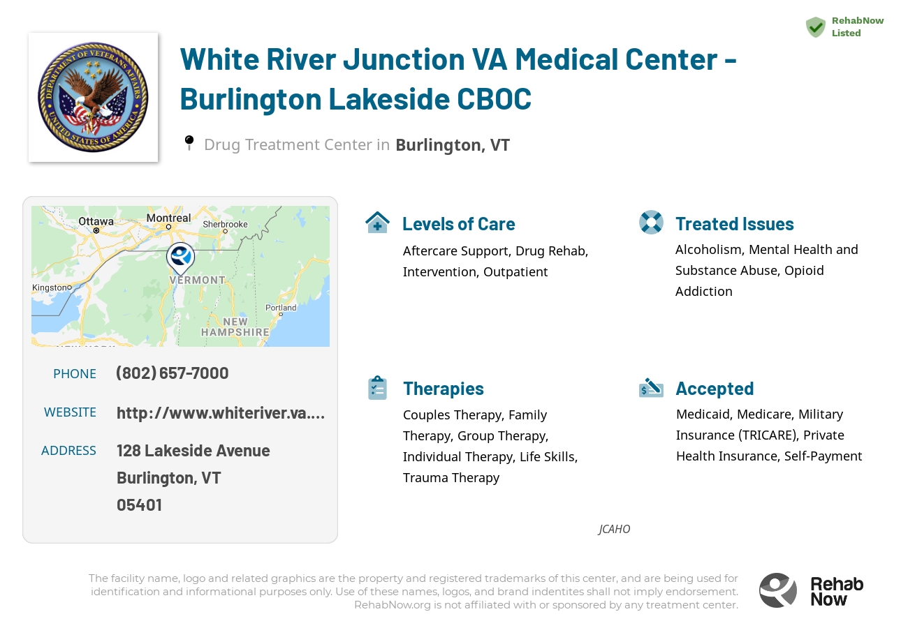Helpful reference information for White River Junction VA Medical Center - Burlington Lakeside CBOC, a drug treatment center in Vermont located at: 128 128 Lakeside Avenue, Burlington, VT 5401, including phone numbers, official website, and more. Listed briefly is an overview of Levels of Care, Therapies Offered, Issues Treated, and accepted forms of Payment Methods.