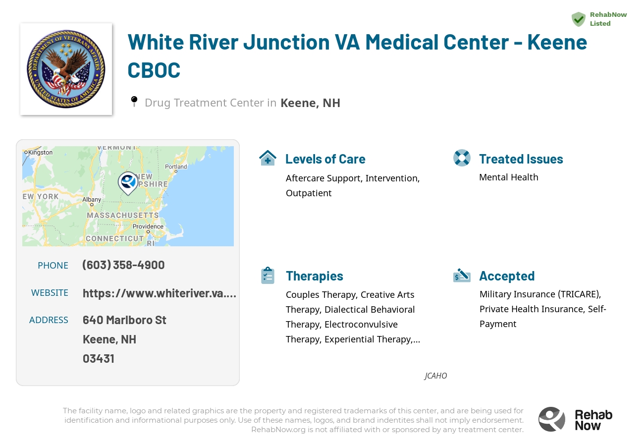 Helpful reference information for White River Junction VA Medical Center - Keene CBOC, a drug treatment center in New Hampshire located at: 640 Marlboro St, Keene, NH 03431, including phone numbers, official website, and more. Listed briefly is an overview of Levels of Care, Therapies Offered, Issues Treated, and accepted forms of Payment Methods.
