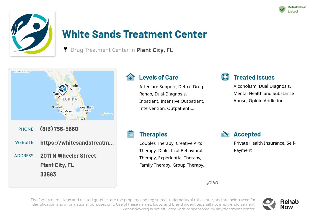 Helpful reference information for White Sands Treatment Center, a drug treatment center in Florida located at: 2011 N Wheeler Street, Plant City, FL, 33563, including phone numbers, official website, and more. Listed briefly is an overview of Levels of Care, Therapies Offered, Issues Treated, and accepted forms of Payment Methods.