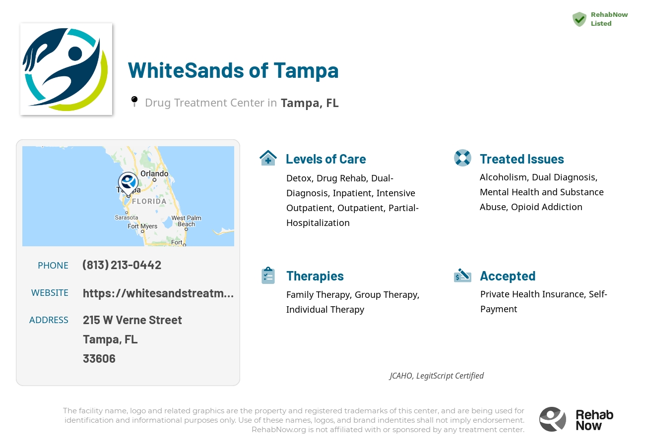 Helpful reference information for WhiteSands of Tampa, a drug treatment center in Florida located at: 215 W Verne Street, Tampa, FL, 33606, including phone numbers, official website, and more. Listed briefly is an overview of Levels of Care, Therapies Offered, Issues Treated, and accepted forms of Payment Methods.