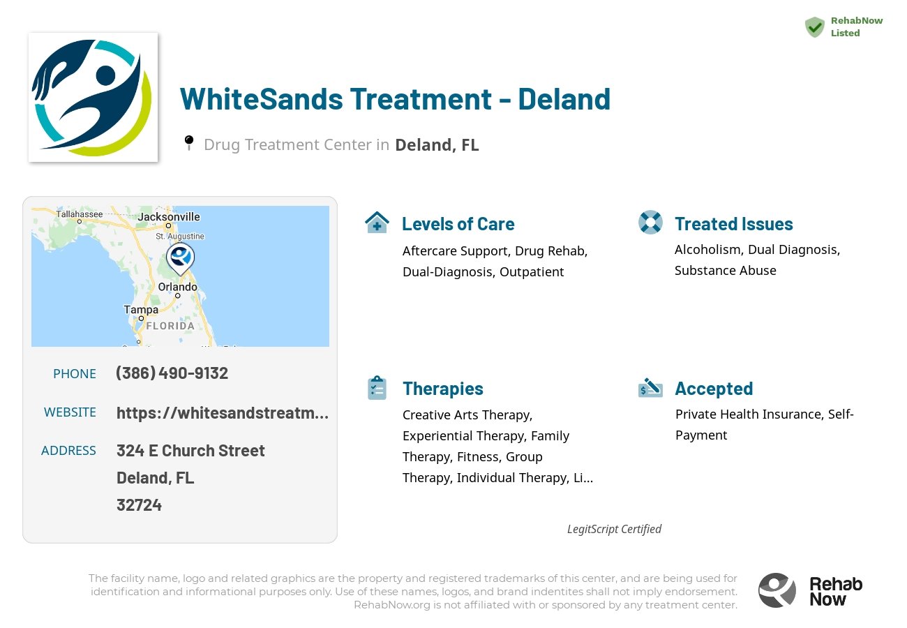 Helpful reference information for WhiteSands Treatment - Deland, a drug treatment center in Florida located at: 324 E Church Street, Suite 110, Deland, FL, 32724, including phone numbers, official website, and more. Listed briefly is an overview of Levels of Care, Therapies Offered, Issues Treated, and accepted forms of Payment Methods.