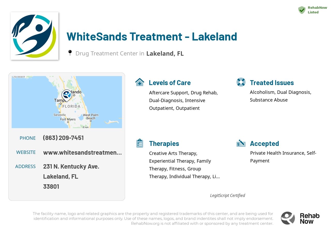 Helpful reference information for WhiteSands Treatment - Lakeland, a drug treatment center in Florida located at: 231 N. Kentucky Ave., Suite 210, Lakeland, FL, 33801, including phone numbers, official website, and more. Listed briefly is an overview of Levels of Care, Therapies Offered, Issues Treated, and accepted forms of Payment Methods.