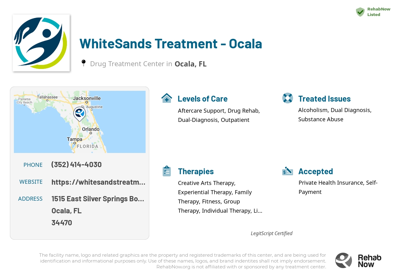 Helpful reference information for WhiteSands Treatment - Ocala, a drug treatment center in Florida located at: 1515 East Silver Springs Boulevard, Unit 216, Ocala, FL, 34470, including phone numbers, official website, and more. Listed briefly is an overview of Levels of Care, Therapies Offered, Issues Treated, and accepted forms of Payment Methods.