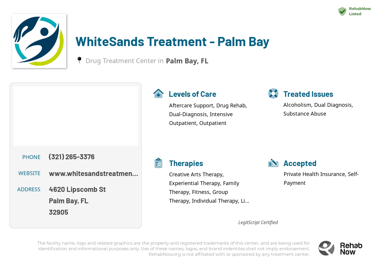 Helpful reference information for WhiteSands Treatment - Palm Bay, a drug treatment center in Florida located at: 4620 Lipscomb St, Suite #3E, Palm Bay, FL, 32905, including phone numbers, official website, and more. Listed briefly is an overview of Levels of Care, Therapies Offered, Issues Treated, and accepted forms of Payment Methods.