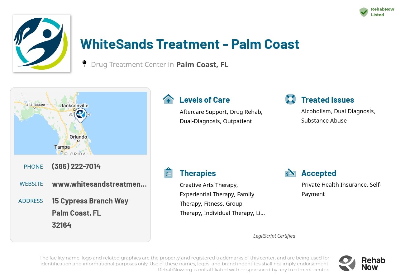 Helpful reference information for WhiteSands Treatment - Palm Coast, a drug treatment center in Florida located at: 15 Cypress Branch Way, Suite 207C, Palm Coast, FL, 32164, including phone numbers, official website, and more. Listed briefly is an overview of Levels of Care, Therapies Offered, Issues Treated, and accepted forms of Payment Methods.
