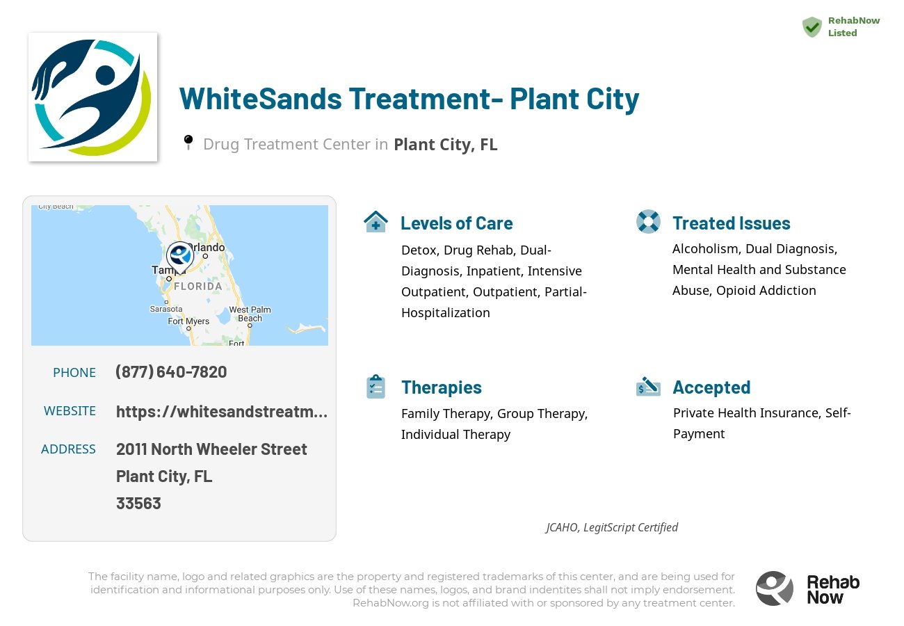 Helpful reference information for WhiteSands Treatment- Plant City, a drug treatment center in Florida located at: 2011 North Wheeler Street, Plant City, FL, 33563, including phone numbers, official website, and more. Listed briefly is an overview of Levels of Care, Therapies Offered, Issues Treated, and accepted forms of Payment Methods.