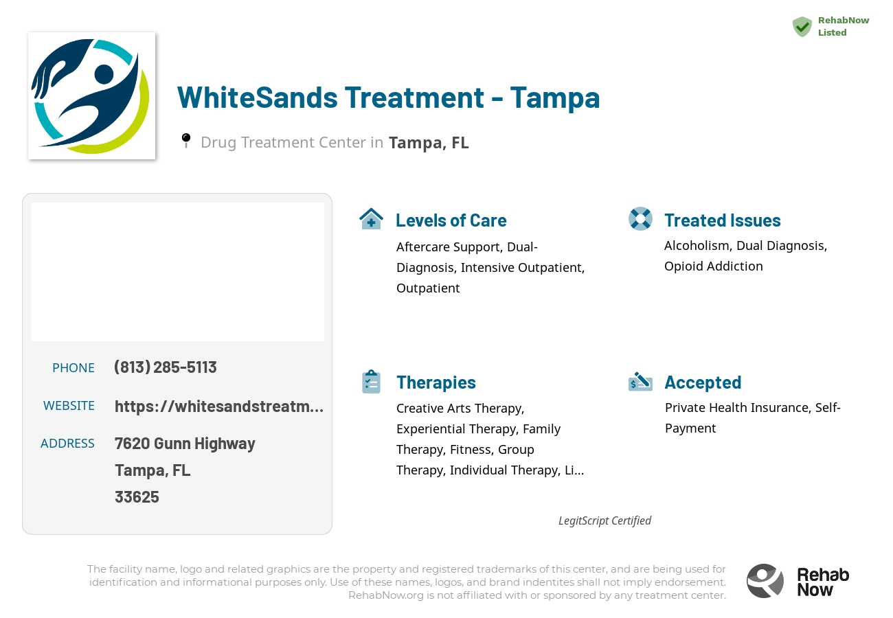 Helpful reference information for WhiteSands Treatment - Tampa, a drug treatment center in Florida located at: 7620 Gunn Highway, Unit #110, Tampa, FL, 33625, including phone numbers, official website, and more. Listed briefly is an overview of Levels of Care, Therapies Offered, Issues Treated, and accepted forms of Payment Methods.